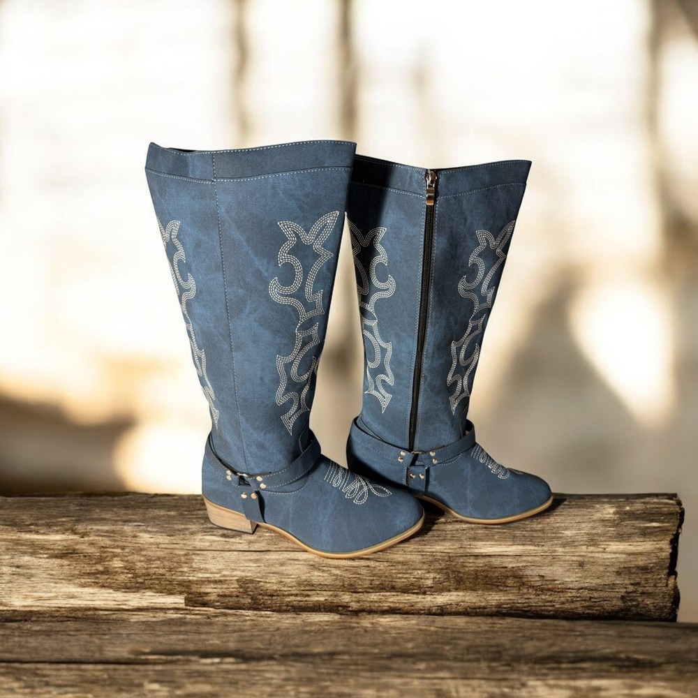 Women's Cowboy Western Jean Boots Heel Embroidery Retro Zipper Shoes Size 10 - Picture 7 of 7